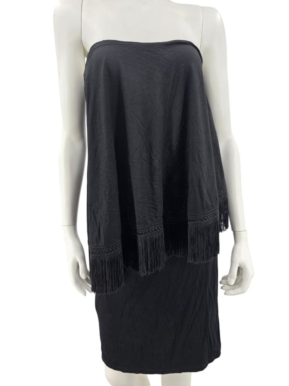 Trina Turk Black Strapless Fringe Hem Boho Dress Size Small